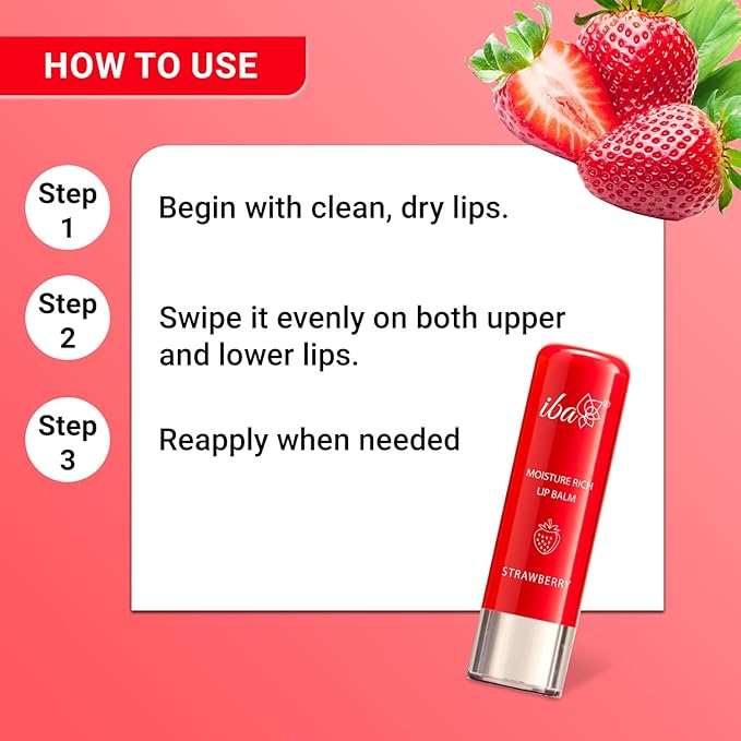 Iba Pure Lips Moisture Rich Lip Balm - Strawberry 4.5 Gms | for Pigmented Dry Damaged & Chapped Lips | Pack of 2