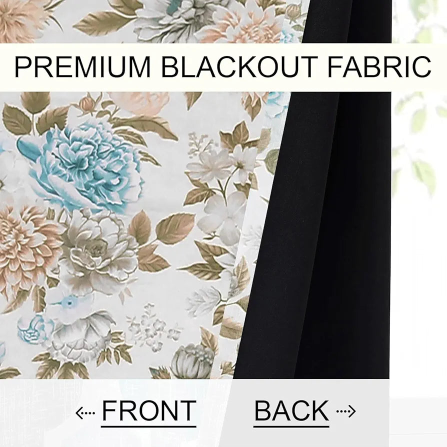 Cloth Fusion Blackout Printed Premium Door Curtains 7 Feet Long Set of 2 Blue Blooms