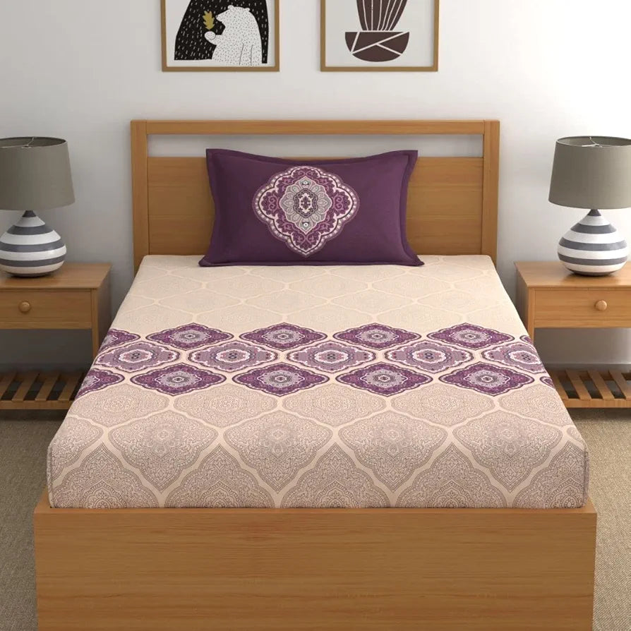 Dreamscape Cotton Single Fitted Bedsheet with 1 Pillow Cover, 140 TC Cotton Ethnic Purple Bedsheet for Single Bed Purple Ethnic1