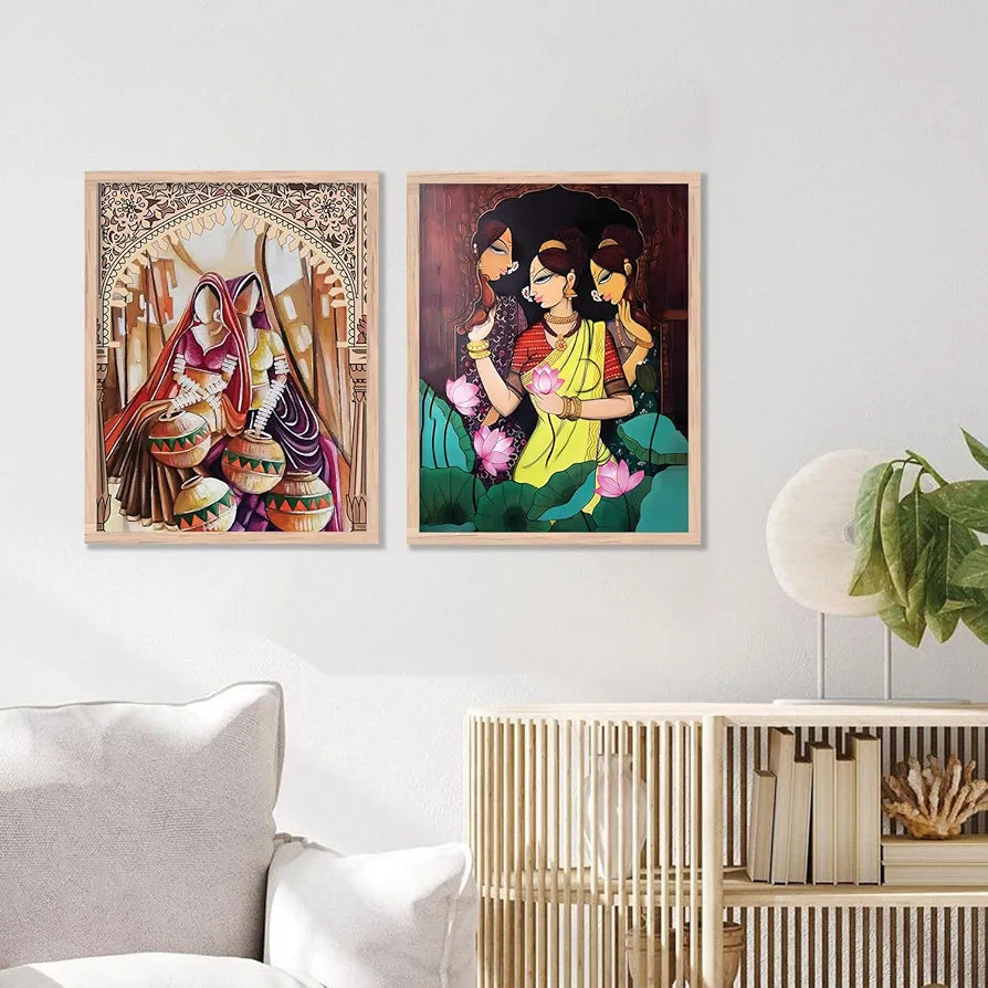 Kotart Traditional Woman Painting with Frame Madhubani Art Painting Pack of 2