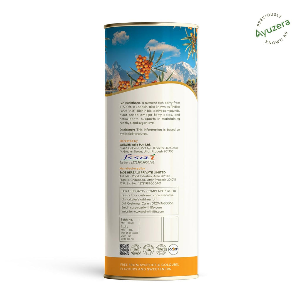 Wellwith by Ayuzera Natural Himalayan Sea Buckthorn Pulp 300ml | Cold Pressed Nutrient Rich Juice | Loaded with Vitamin C, Omega 3 6 7 9 & Antioxidants | For Skin, Immunity & Digestive Health