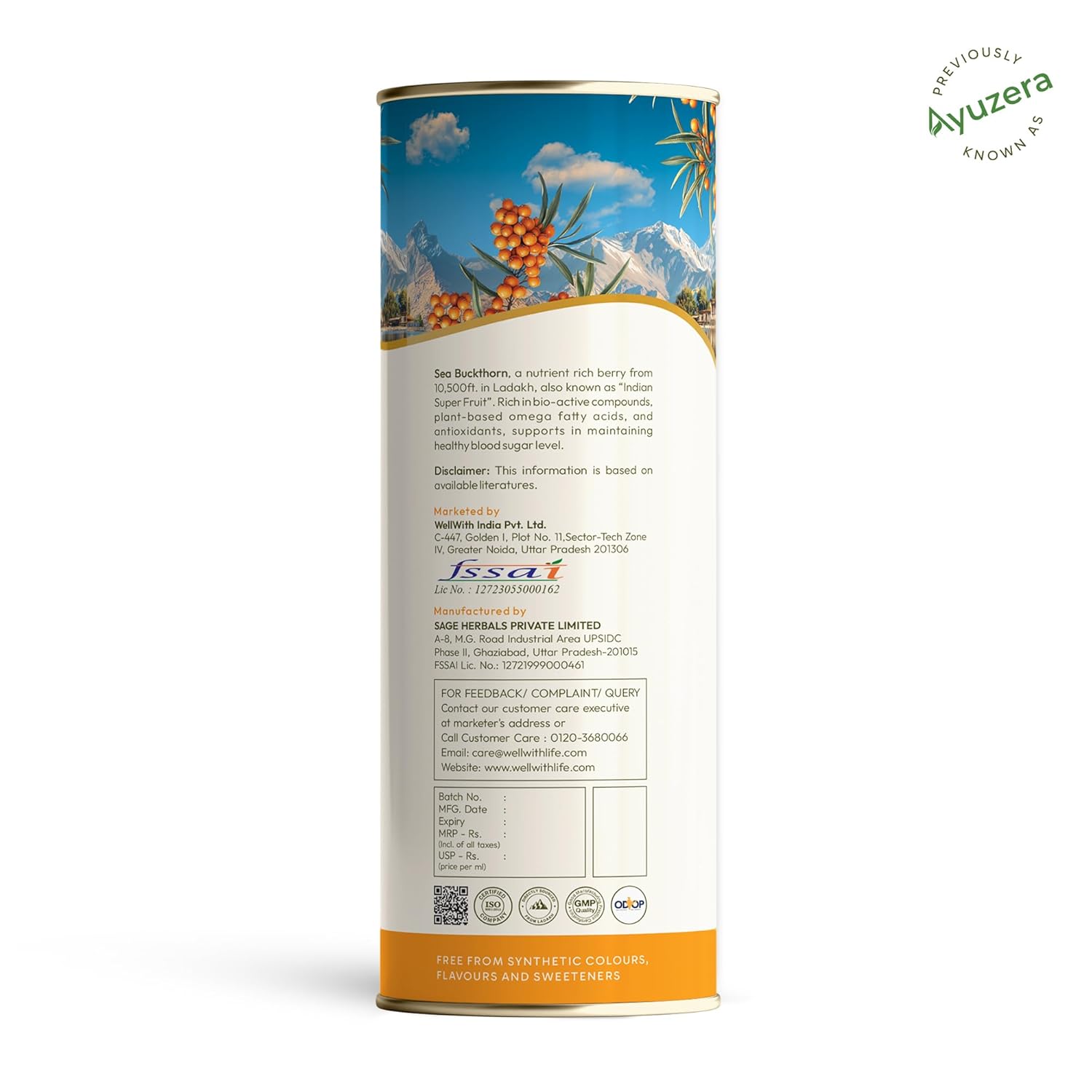 Wellwith by Ayuzera Natural Himalayan Sea Buckthorn Pulp 300ml | Cold Pressed Nutrient Rich Juice | Loaded with Vitamin C, Omega 3 6 7 9 & Antioxidants | For Skin, Immunity & Digestive Health