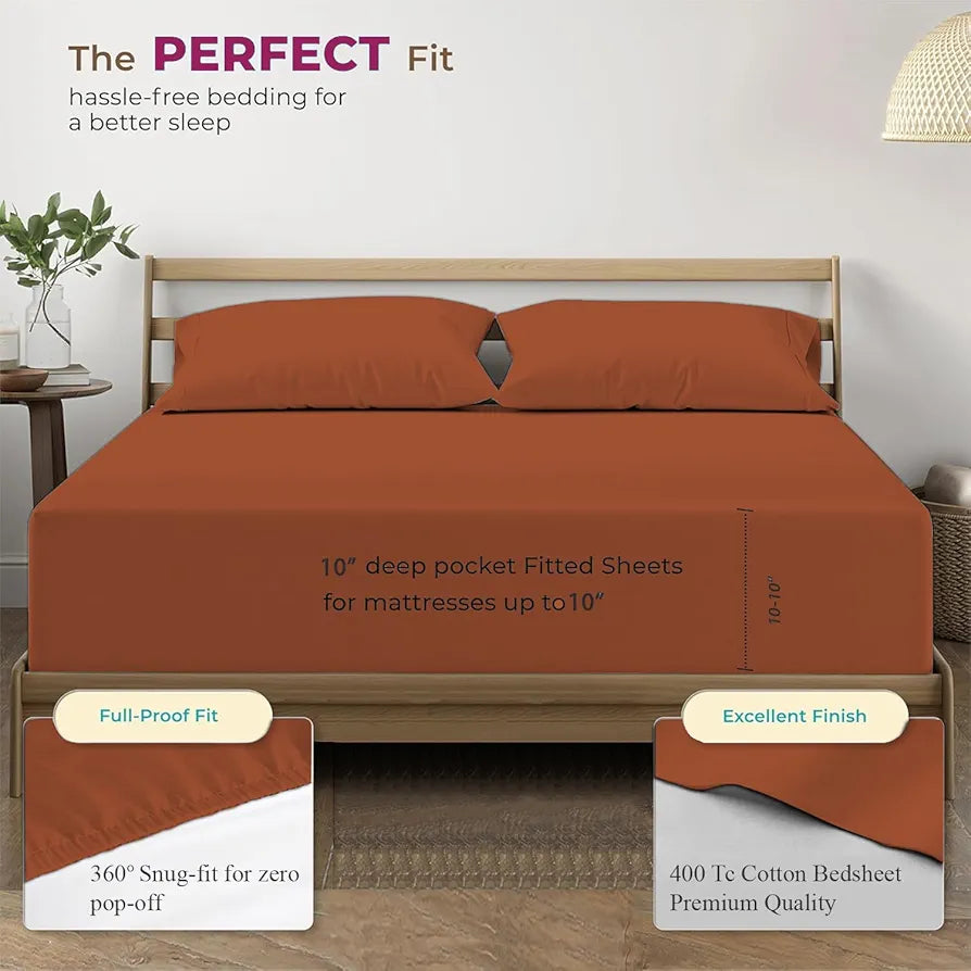 Trance Home Linen 100% Cotton 78 x 60 inch Queen Elastic Fitted Bedsheet 400TC Premium Queen Double Bed Size with 2 Pillow Covers Colour Burnt Orange