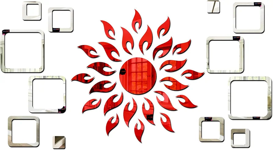 Bikri Kendra Ind Sun Red with 12 Square Silver Mirror Stickers for Wall Decor Sticker