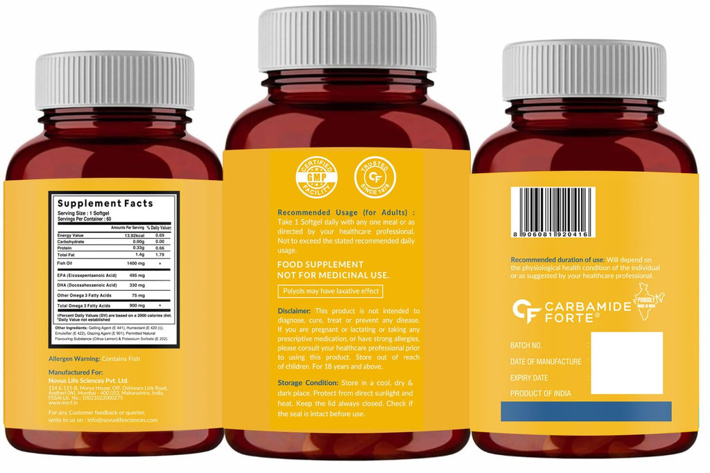 Carbamide Forte Triple Strength Fish Oil 1400mg with Omega 3 900mg for Men & Women - 60 Softgel Capsules