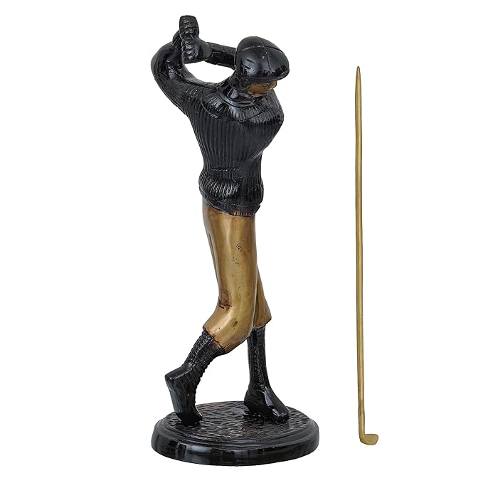Ecraftindia Brown & Golden Man Playing Golf Antique Finish Handcrafted Decorative Brass Showpiece