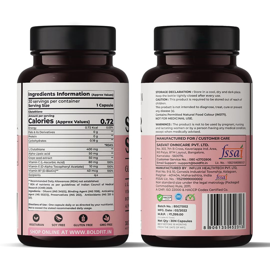 Boldfit Glutathione 400mg with Vitamin C & E, Biotin, Grape Seed Extract L-Glutathione Supplement for Women & Men for Skin Care, Immunity & Liver Detox â€“ 30 Capsules