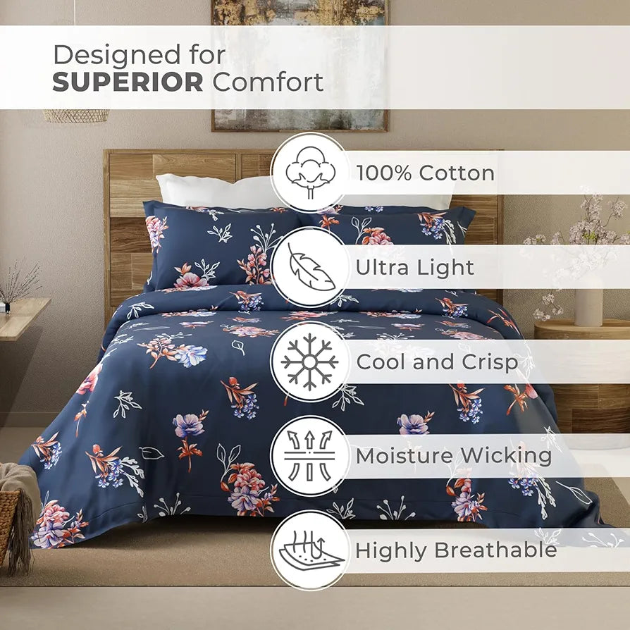 Layers Emaline Cotton King Bedsheet Set 1 King Cotton Bedsheet & 2 Pillow Covers Breathable & Anti-Wrinkle 144 TC Spring Blue