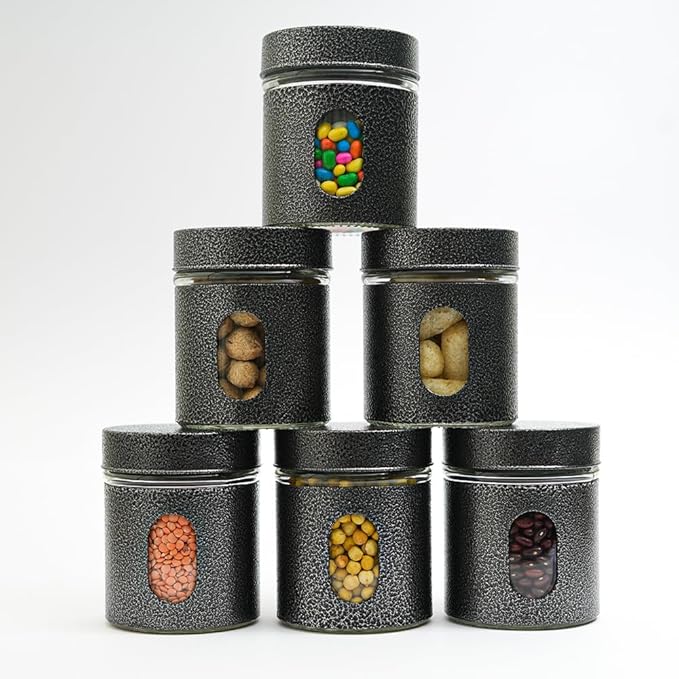 Femora Carbon Steel Jar for Kitchen Storage With Clear Glass Window and Carbon Steel Lid | 300 Ml | Set of 3 | of Lids | Black