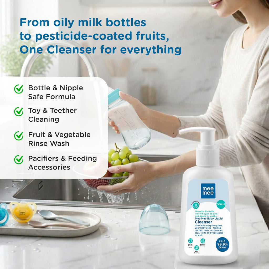 Mee Mee Baby Liquid Cleanser 500 ml, Anti-Bacterial Kills 99.9% Germs | for Bottles, Nipples, Accessories, Toys, Fruits & Vegetables | No Alcohol, Dermatologically Tested