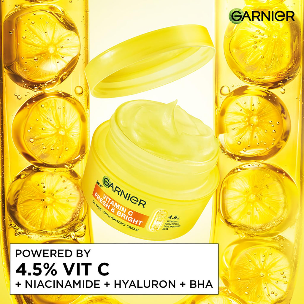 Garnier Fresh & Bright Vitamin C Sorbet Moisturizer, 4.5% Vit C + Hyaluronic Acid + Niacinamide + BHA, 9x Lighter Sorbet Cream, For Hydration & Dark Spot Reduction, Suitable for Oily to Normal & Combination Skin, 45g