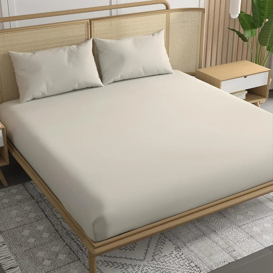 Trance Home Linen 300 TC Bamboo Fitted Queen Size Bedsheet Soft Breathable & Eco-Friendly Bedsheet with 2 Pillow CoverColour  White