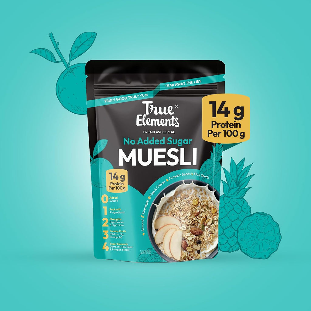 True Elements No Added Sugar Muesli 1kg - Protein muesli -14g protein per 100g | Clean Label Breakfast Cereal | No hidden sugar | Millet Muesli with Jowar | High Fibre