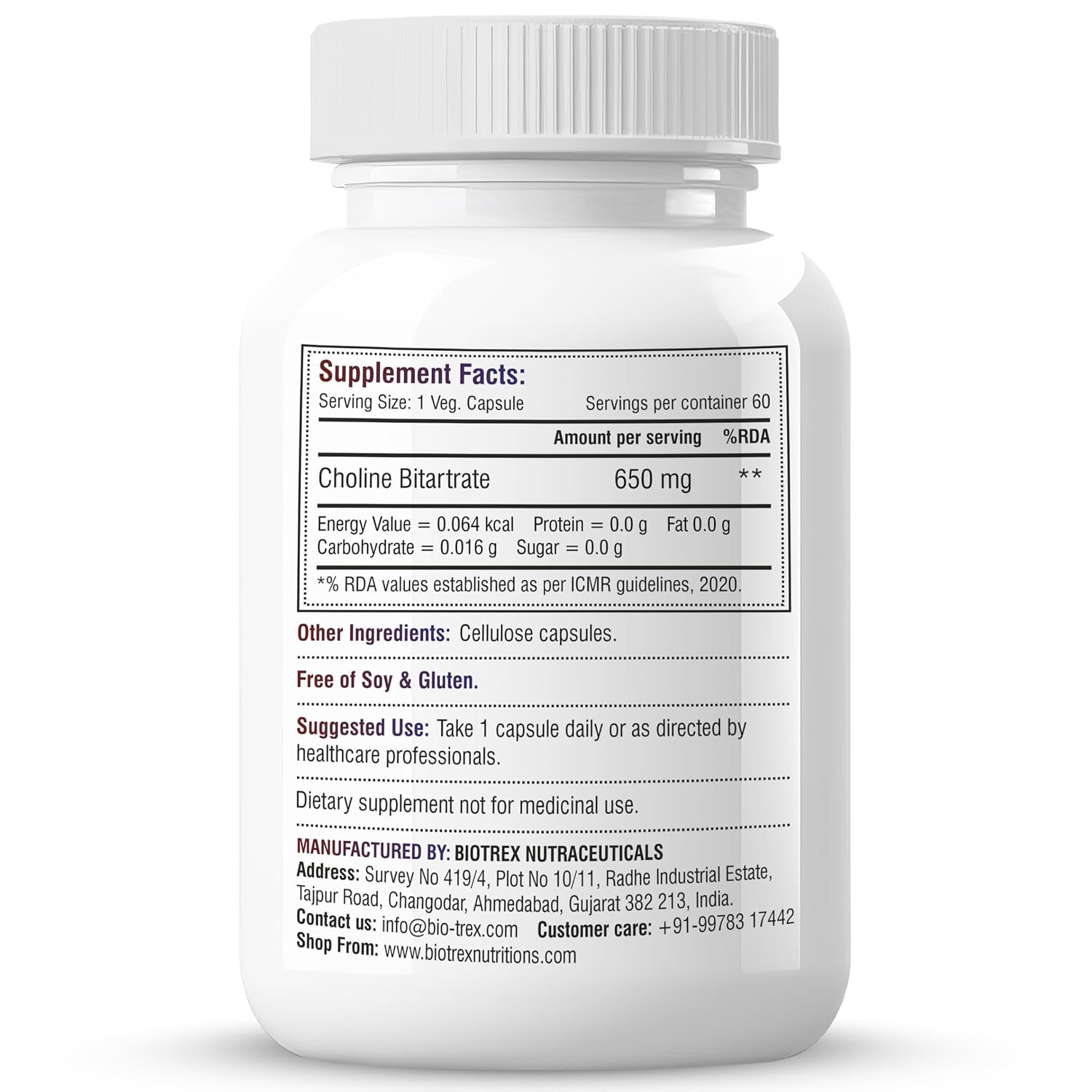 Biotrex Nutraceuticals Choline Bitartrate 650mg Supplement | High Purity Grade | Healthy Brain, Liver, Heart, Nervous System & Cognitive Function - 60 Veg Capsules