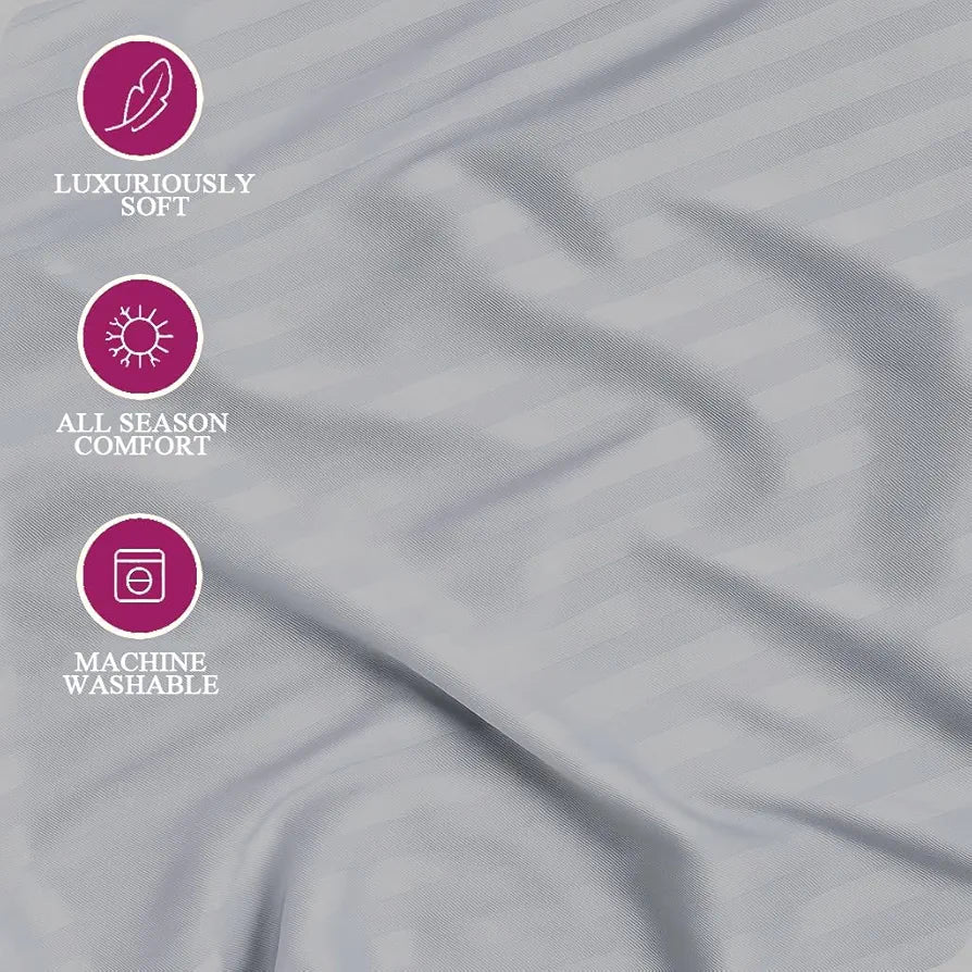 Trance Home Linen 100% Cotton 78x60 inch Queen Fitted 200TC Satin Stripe Elastic Fitted Bedsheet Daily Use Double Bed Fitted Bedspread with 2 Pillow Covers Colour Silver Grey