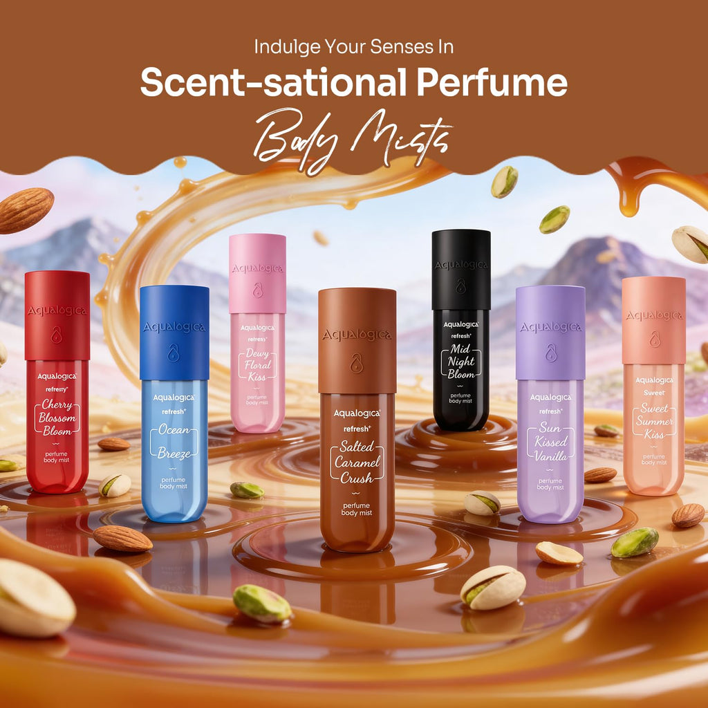 Aqualogica Refresh+ Perfume Body Mist - Salted Caramel Crush | Mouthwatering Gourmand Scent | Long Lasting Fragrance | Double Duty for Hair & Body | Non-Irritating & Hydrating | Infused with Zemea & Hyaluronic Acid | For Men & Women | 150 ml