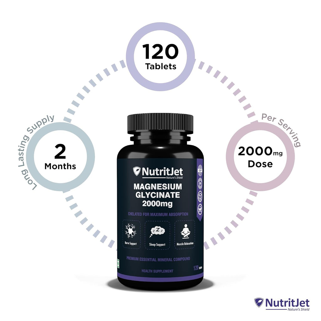 NutritJet Magnesium Glycinate Supplement 2000mg â€“ 120 Veg Tablets | Magnesium Supplement For Sleep, Cramps, Recovery, Nerve & Muscle Function