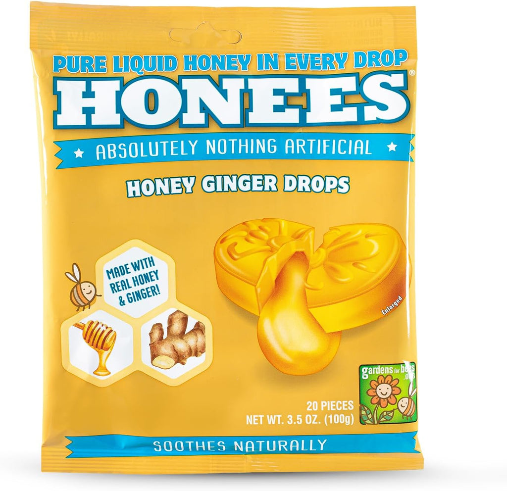 Honees Filled Honey Ginger Drops, Natural Cough Drops- Pure Ginger Sore Throat Relief - Nothing Artificial -Throat Coat Lozenges, Natural Cough Suppressant, Non-GMO, Gluten Free (1 Pack â€“ 20 Drops)