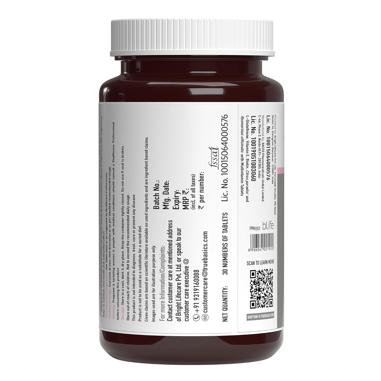 TrueBasics Glutathione (30 Tablets) | With Nutroxsun, Biotin & Vitamin E | For Healthy & Youthful Skin