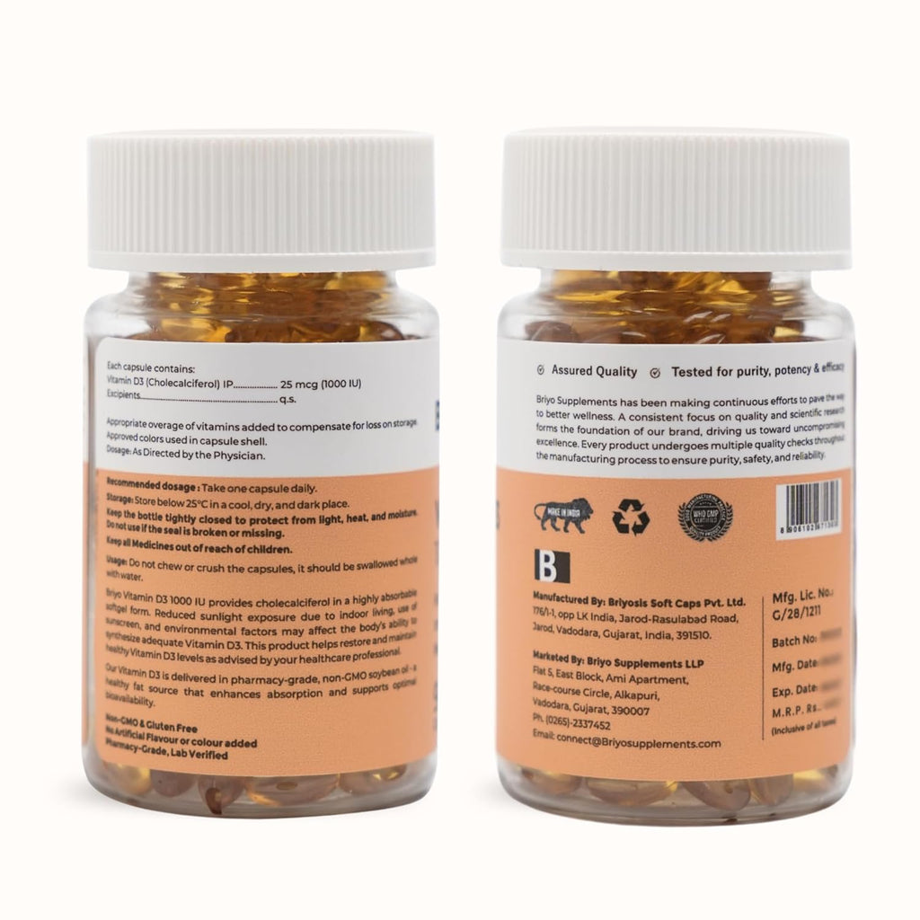 Briyo Vitamin D3 1000 IU-For Bone Health, Muscle Function And Immune Support Strength Immune System Softgel Better Energy For Healthy And Strong For Men/Women