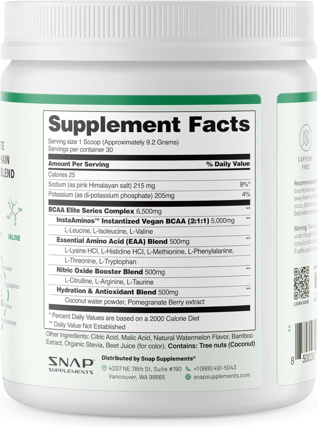 Snap Supplements BCAA Powder - 5g Vegan Branched Chain Amino Acids (2:1:1 Leucine Isoleucine Valine) + Essential Amino Acids with Nitric Oxide Booster, 30 Servings, Pomegranate Watermelon