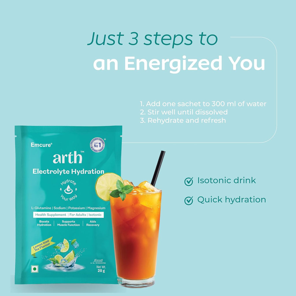 Arth Electrolyte Powder for Quick & Daily Hydration | With L-Glutamine, Potassium & Magnesium | Low Sodium Hydration Drink | Supports Muscle Recovery & Immunity | Lemon Iced Tea Flavour | 20 Sachets