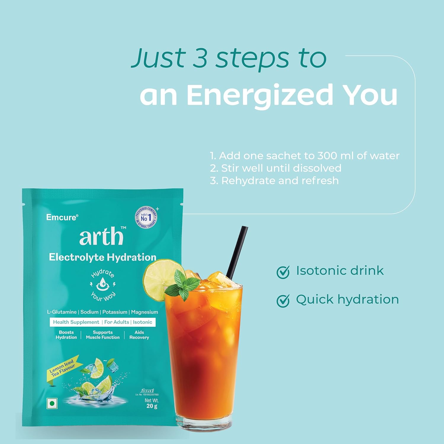 Arth Electrolyte Powder for Quick & Daily Hydration | With L-Glutamine, Potassium & Magnesium | Low Sodium Hydration Drink | Supports Muscle Recovery & Immunity | Lemon Iced Tea Flavour | 20 Sachets