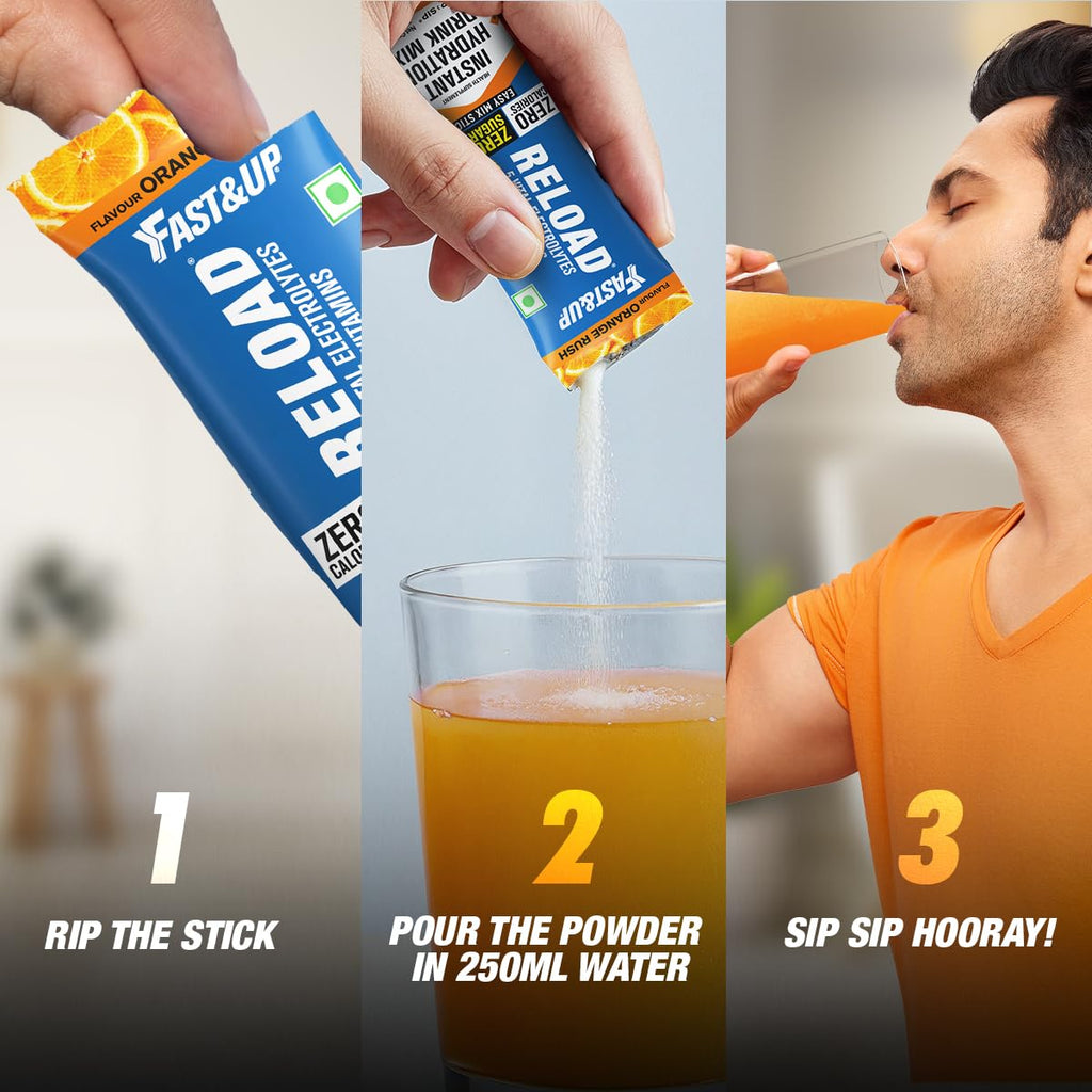 Fast&Up Reload Electrolytes Powder Sachets | Zero Added Sugar Hydration Drink with 5 Essential Electrolytes Vitamin C & B12 | Summer Heat, Workout Recovery, Travel & Wellness | Assorted Pack of 4 Sachets