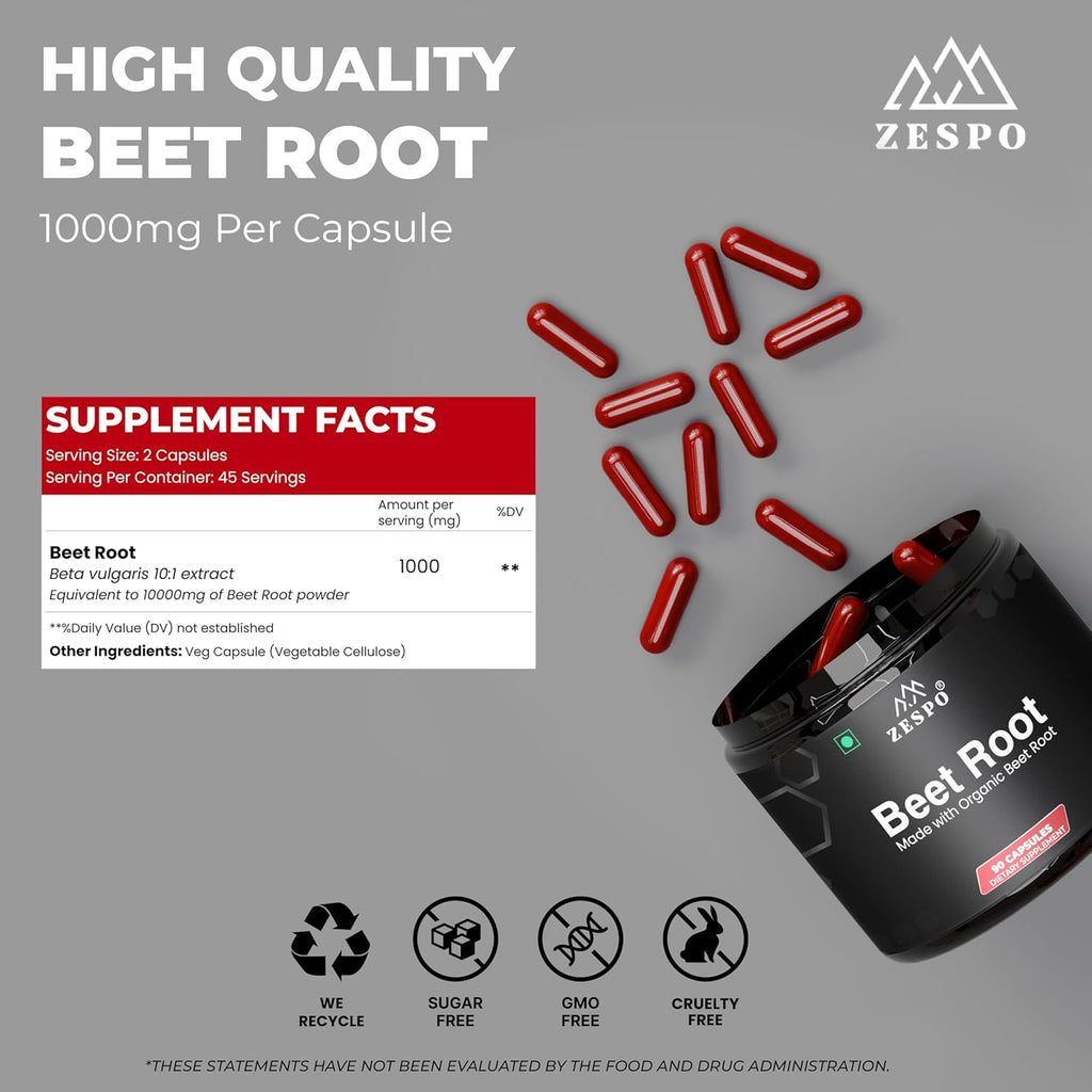 Zespo Organic Beet Root Capsules 1000mg â€“ Supports Heart Health, Blood Pressure, Energy, Antioxidant & Stamina â€“ Vegan, Non-GMO | 90 Capsules