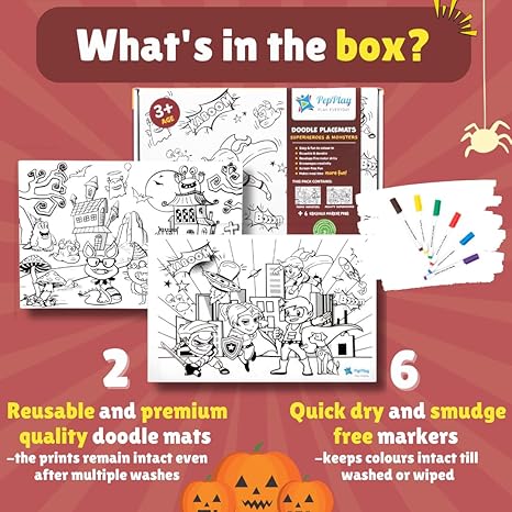 PepPlay Doodle Placemats Superheroes and Monsters 2 Coloring mats & 6 Quick Dry Smudge