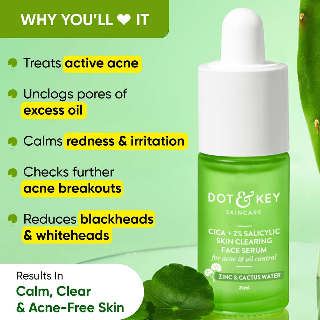 Dot & Key 2% Salicylic Acid + Cica Anti Acne Serum with Zinc | Salicylic Acid Serum for Acne and Dark Spots | Serum for Oily Acne Prone Skin & Sensitive Skin | Oil-Free & Non Comedogenic | 20 ml