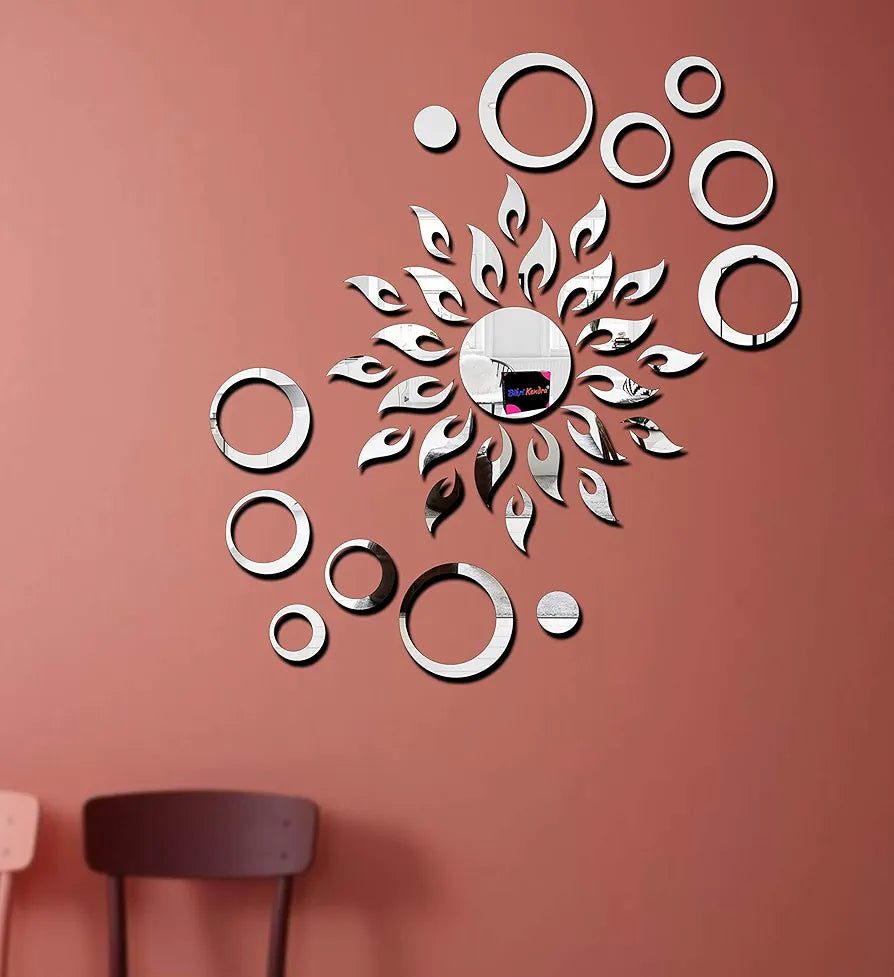 Bikri Kendra Sun with Rings 12-3D Acrylic Mirror Wall Stickers Premium Collection Silver
