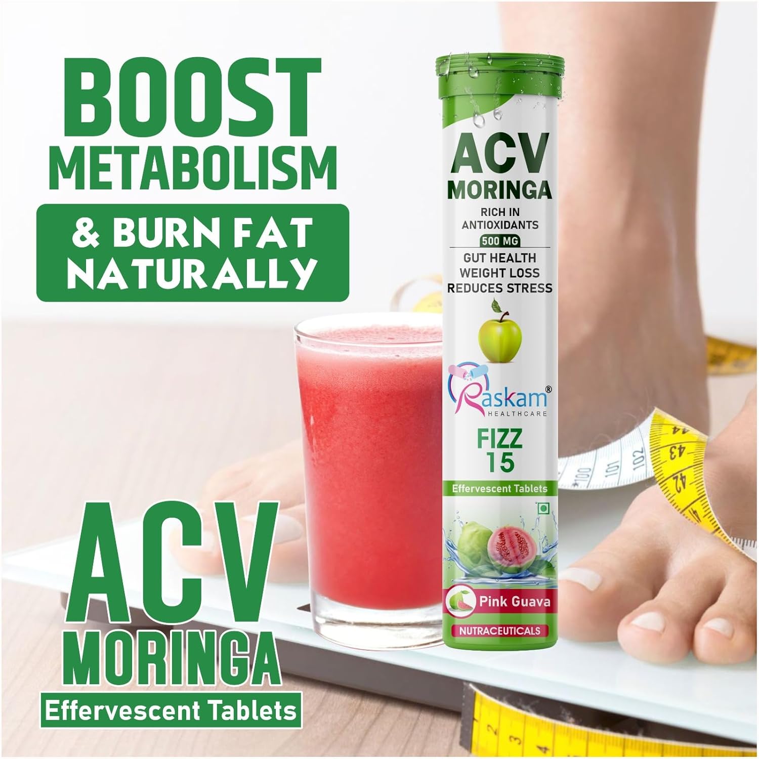 Apple Cider Vinegar (ACV) Moringa | Master Your Appetite & Boost Immunity | Natural Energy with Antioxidants | No Added Sugar | Pink Guava Flavor | 15 Fizz Tablets (500mg) Pack of 1