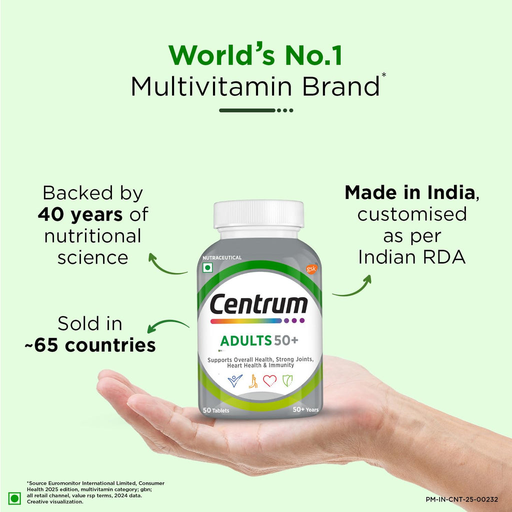 Centrum Adults 50+ Multivitamin Tablet for Men & Women|With 23 Vital Nutrients including Zinc,Magnesium, Vitamin B,C,D, Calcium for Energy, Strong Joints, Immunity and Heart Health|Veg - 50 tablets