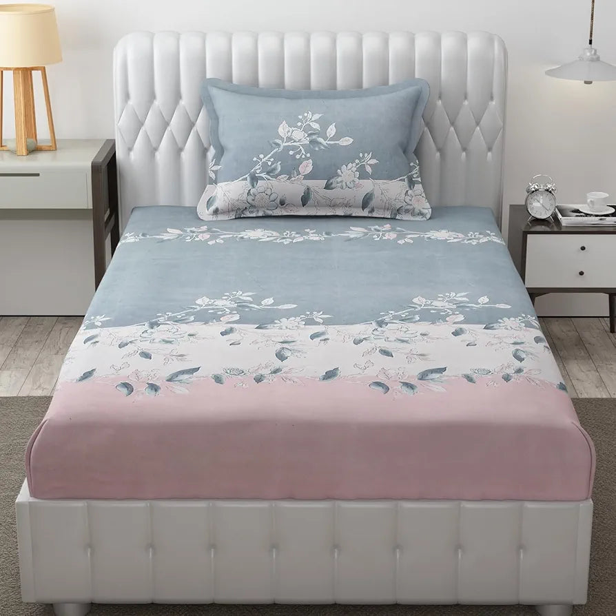 Fresh From Loom Microfiber Single Bedsheet For Single Bed Hypo-Allergenic Floral Design Bed Spread 1 Pillow Covers Included 144 TC Walnut Grey