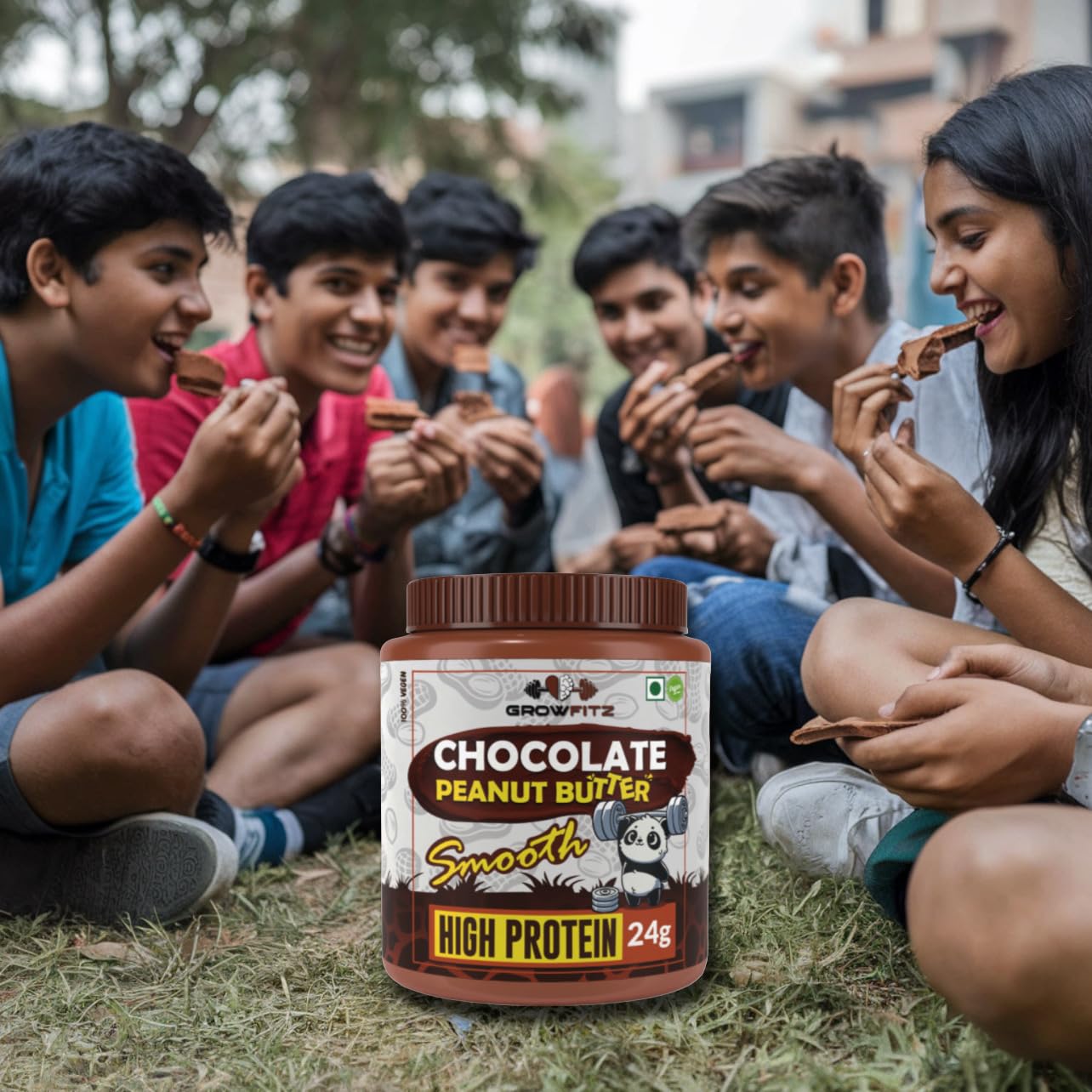 Growfitz Peanut Butter Chocolate Smooth 800g | 24g High Protein Peanut Butter | 7g Fiber | Tasty & Healthy Nut Butter Spread for Breakfast & Snacks | Roasted Peanuts | Zero Sugar (Pack of 1)