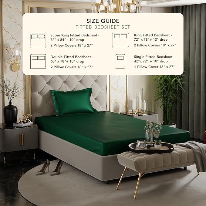 Stoa Paris Satin Elastic Fitted Bedsheets for Single Bed 300TC Premium 1 Pillow Cover Colour Emerald Green