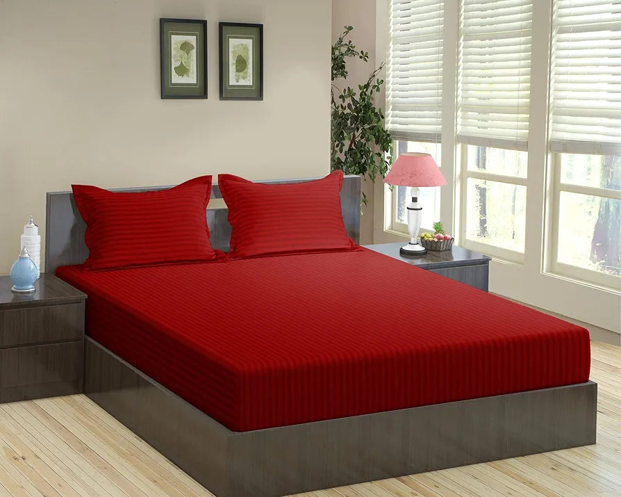 Trance Home Linen 100% Cotton 78x72 inch King Fitted 200TC Satin Stripe Elastic Fitted Bedsheet with 2 Pillow Covers Colour Maroon
