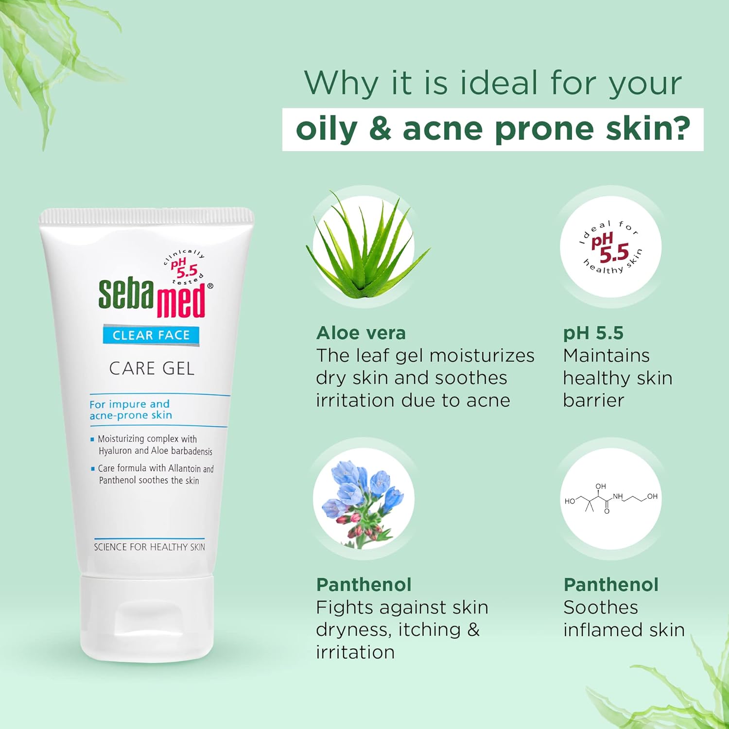 Sebamed Clear Face Care Gel 50 ml|pH 5.5 |Acne/ pimple prone skin|Hyaluronic acid & Aloe Vera|Water based Moisturiser | non sticky l Toxin free