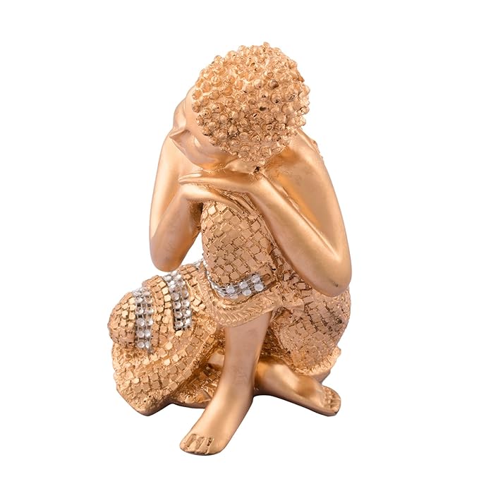 Ecraftindia Golden Buddha on Knee Showpiece Polyresin Statue | Red and Brown