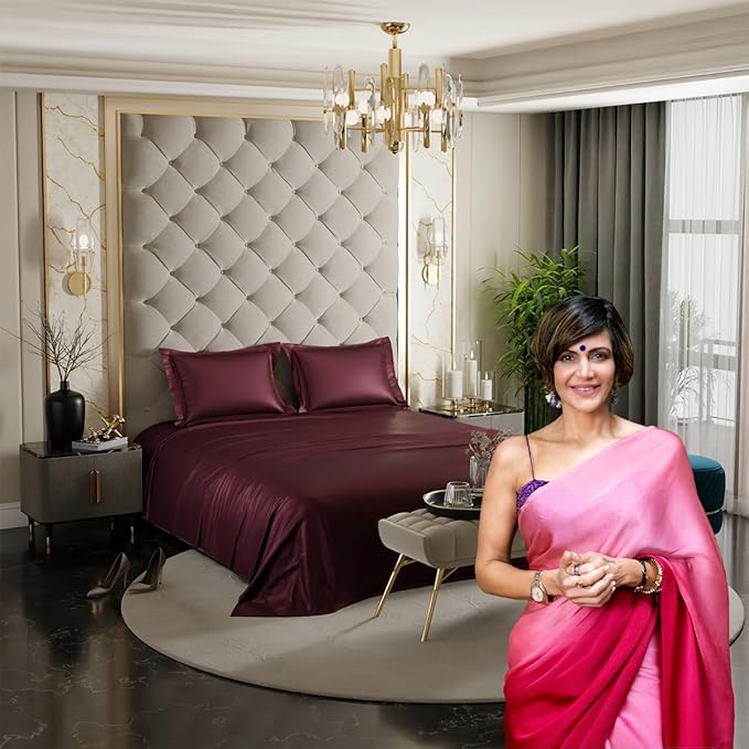 Stoa Paris Satin Bedsheets for Double Bed 300TC Premium Bedsheet with 2 Pillow Covers Colour Velvet Wine