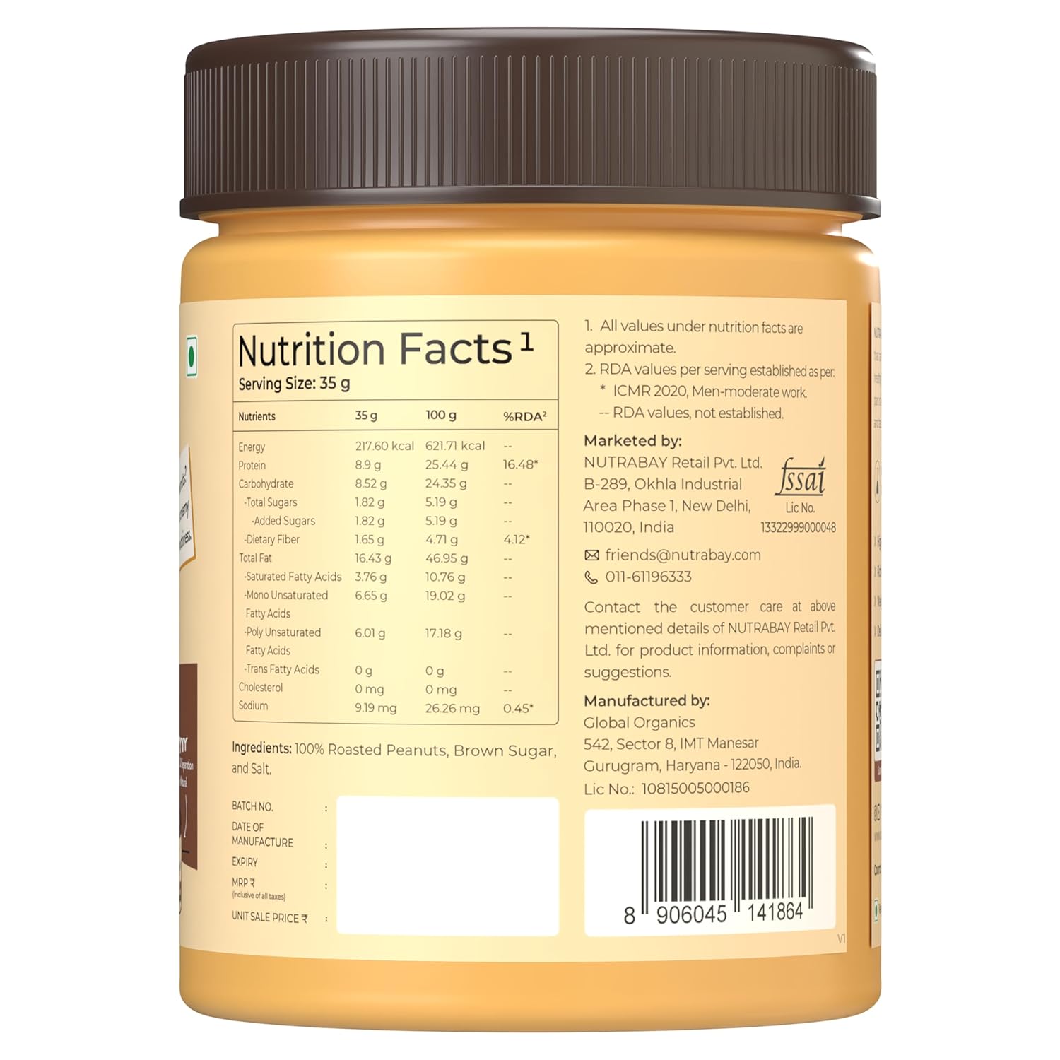 Nutrabay Foods Original Peanut Butter (Creamy) - 400g | 100% Roasted Peanuts, 28g Protein, Zero Cholesterol, Vegan, Gluten Free, Non GMO