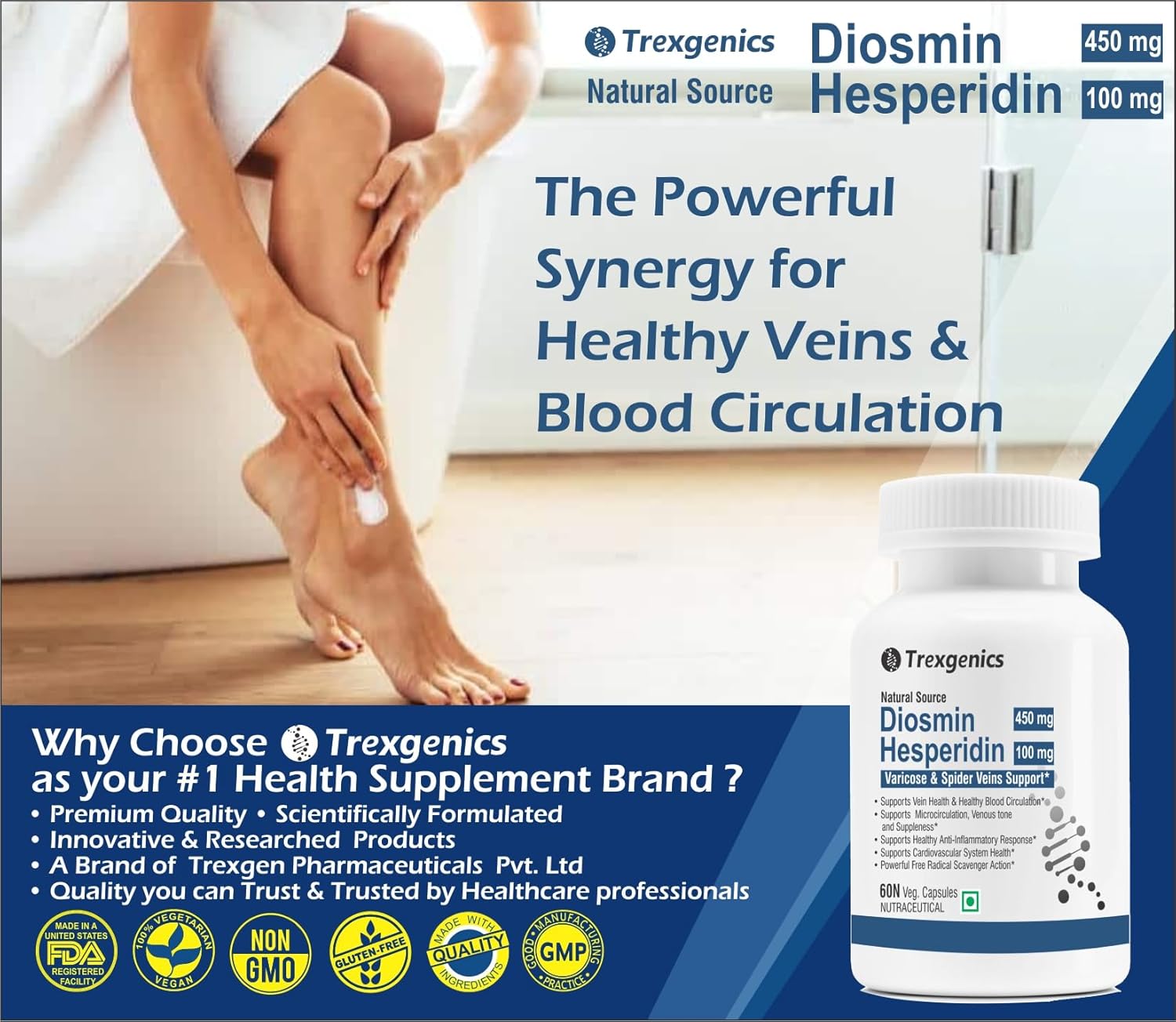 Trexgenics DIOSMIN 450mg, HESPERIDIN 100 mg Natural Source, Varicose, Spider Veins & Restless Leg Syndrome Support (60 Veg Capsules) (Pack of 1)