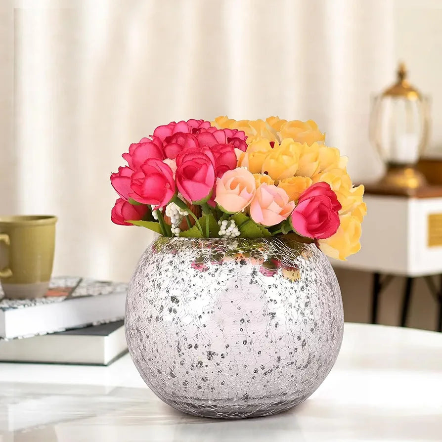 Artificial Flowers with Glass Vase Multicolour Diwali Decoration Items