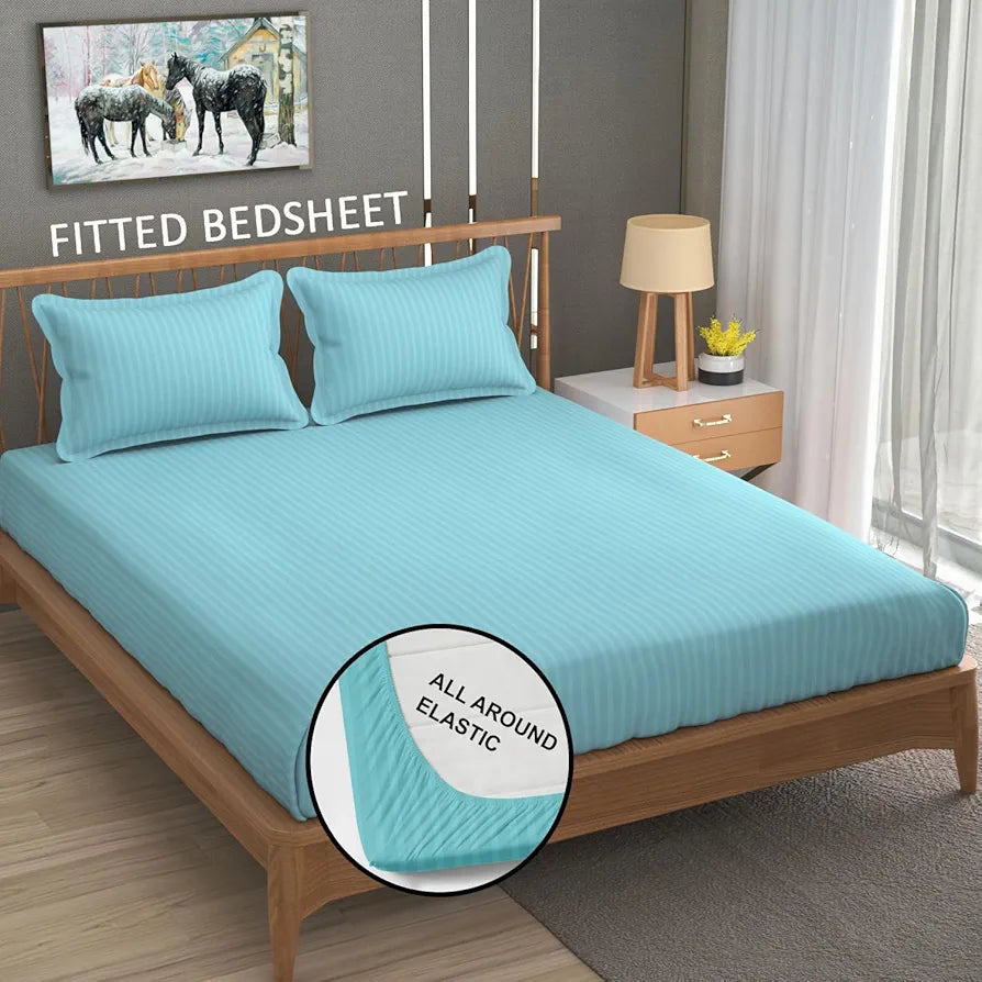 Homefab India 160 TC Stripe Cotton Feel Glace Cotton Elastic Fitted King Size Double Bed Bedsheet with 2 Pillow Covers Fits Upto 6 inches Mattress Aqua Blue