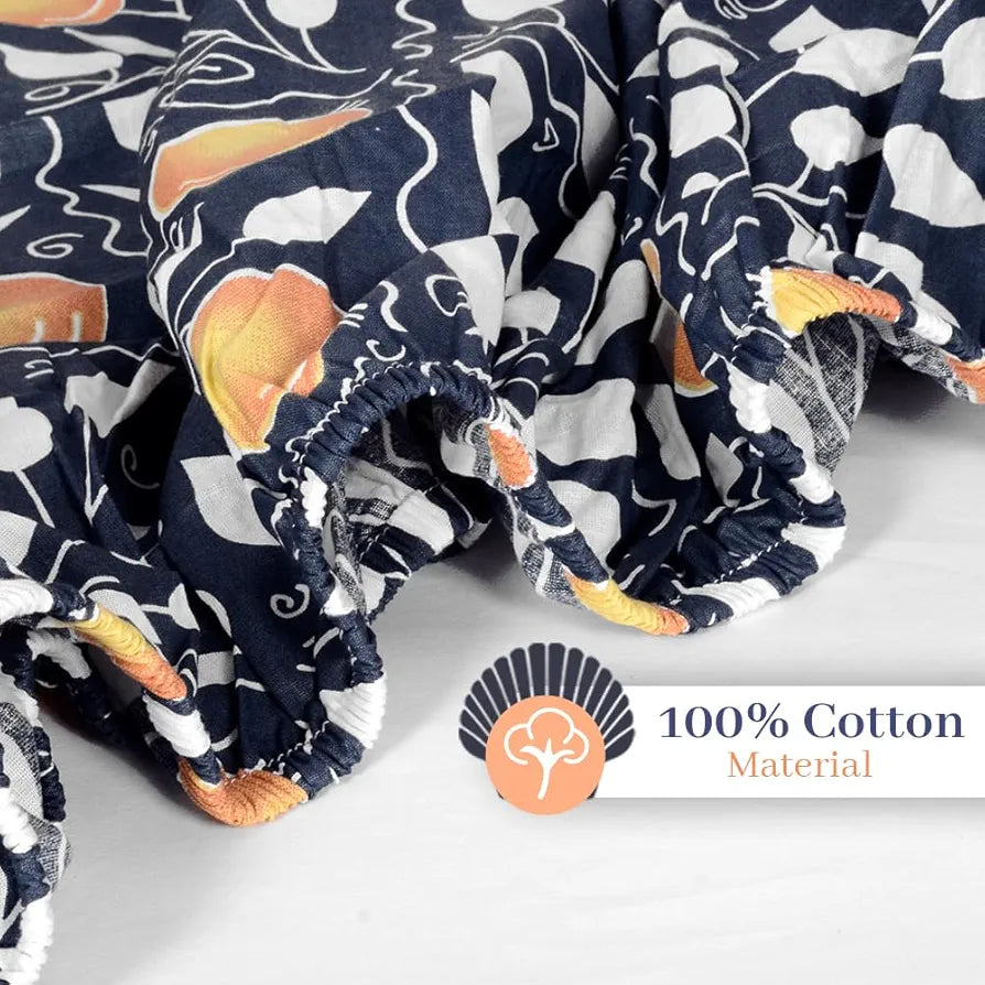 Divine Casa 144 TC Cotton Super Soft Brushed Elastic Fitted Floral Queen Size Double Bed Bedsheet with 2 Pillow Cover Colour Blue Velvet