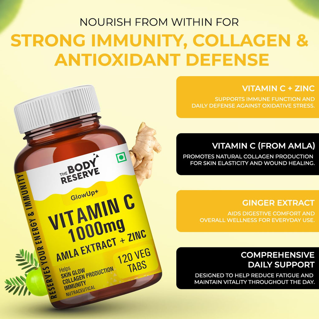 THE BODY RESERVE Vitamin C Tablets with Amla Extract, Zinc & Ginger | 120 Tablets | Daily Dietary Supplement