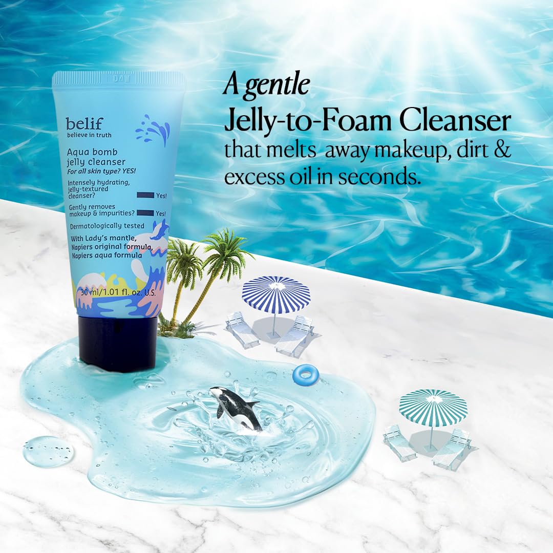 Belif Aqua Bomb Jelly Cleanser 30ML | Hydrating & Gentle Face Wash | Korean Skincare | Makeup Remover for All Skin Types | Vegan & Dermatologically Tested