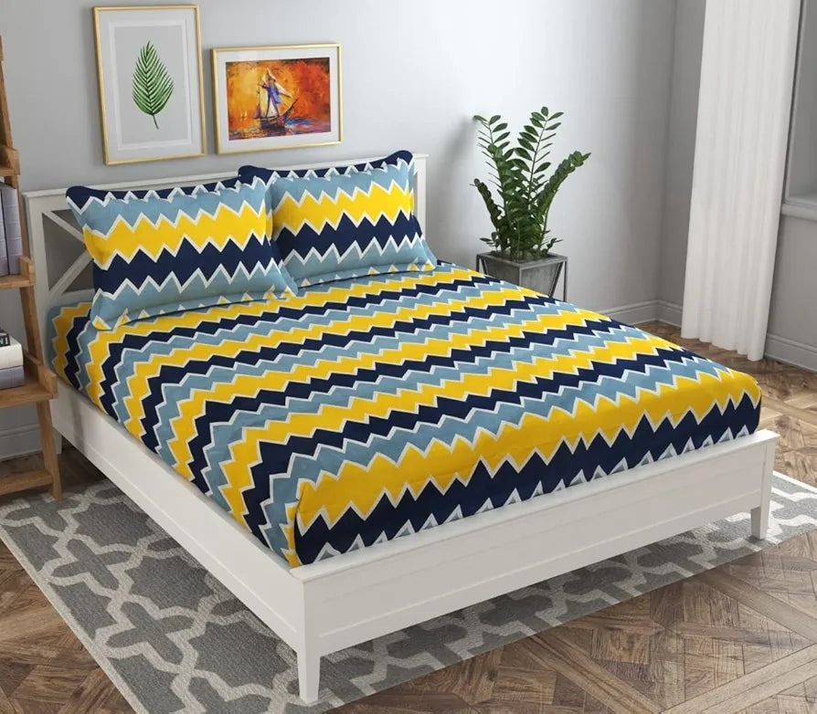 HomeKart Microfiber bedsheet for Double Bed with 2 Pillow Covers Breathable and Soft Touch 144 TC Pattren Zigzag Yellow and Grey TC 144