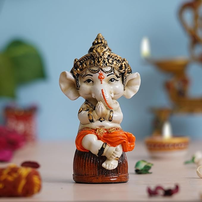 Ecraftindia Orange Polyresin Handcrafted Lord Ganesha Idol Sitting on Rock | God Idol